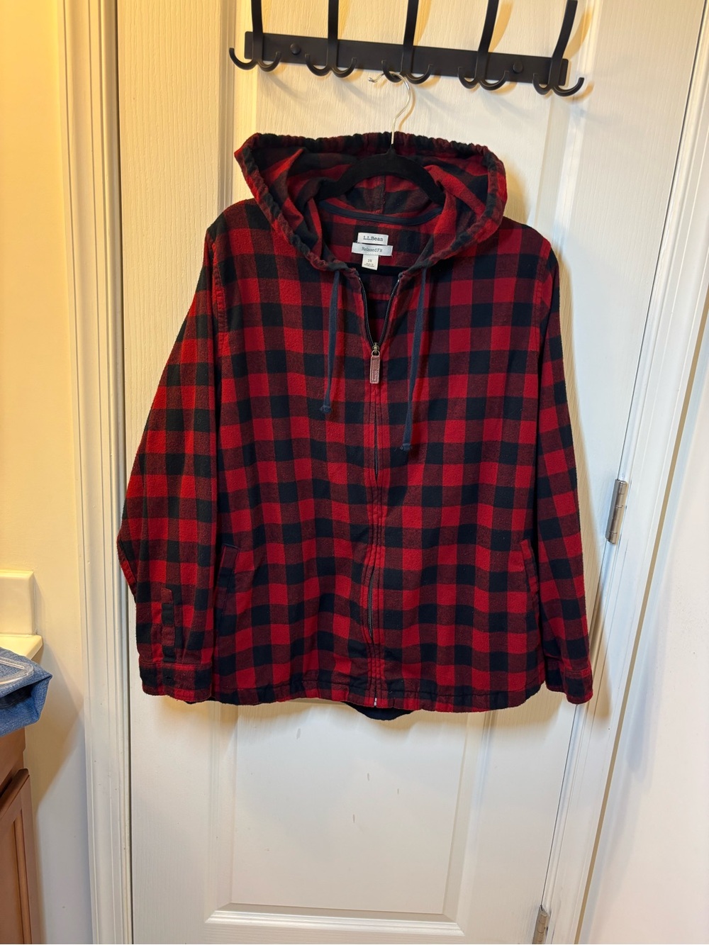 L.L.Bean Women’s 2X Buffalo Plaid Flannel Hoodie Red Black Full Zip Relaxed Fit